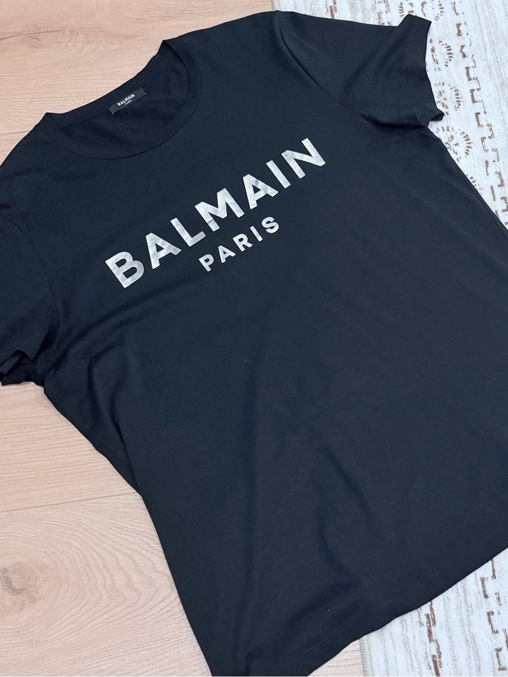 Authentic Balmain Paris Men's Flocked Logo Cotton T-Shirt - Black